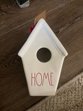 Rae Dunn White Ceramic Birdhouse with 'HOME' Red Lettering